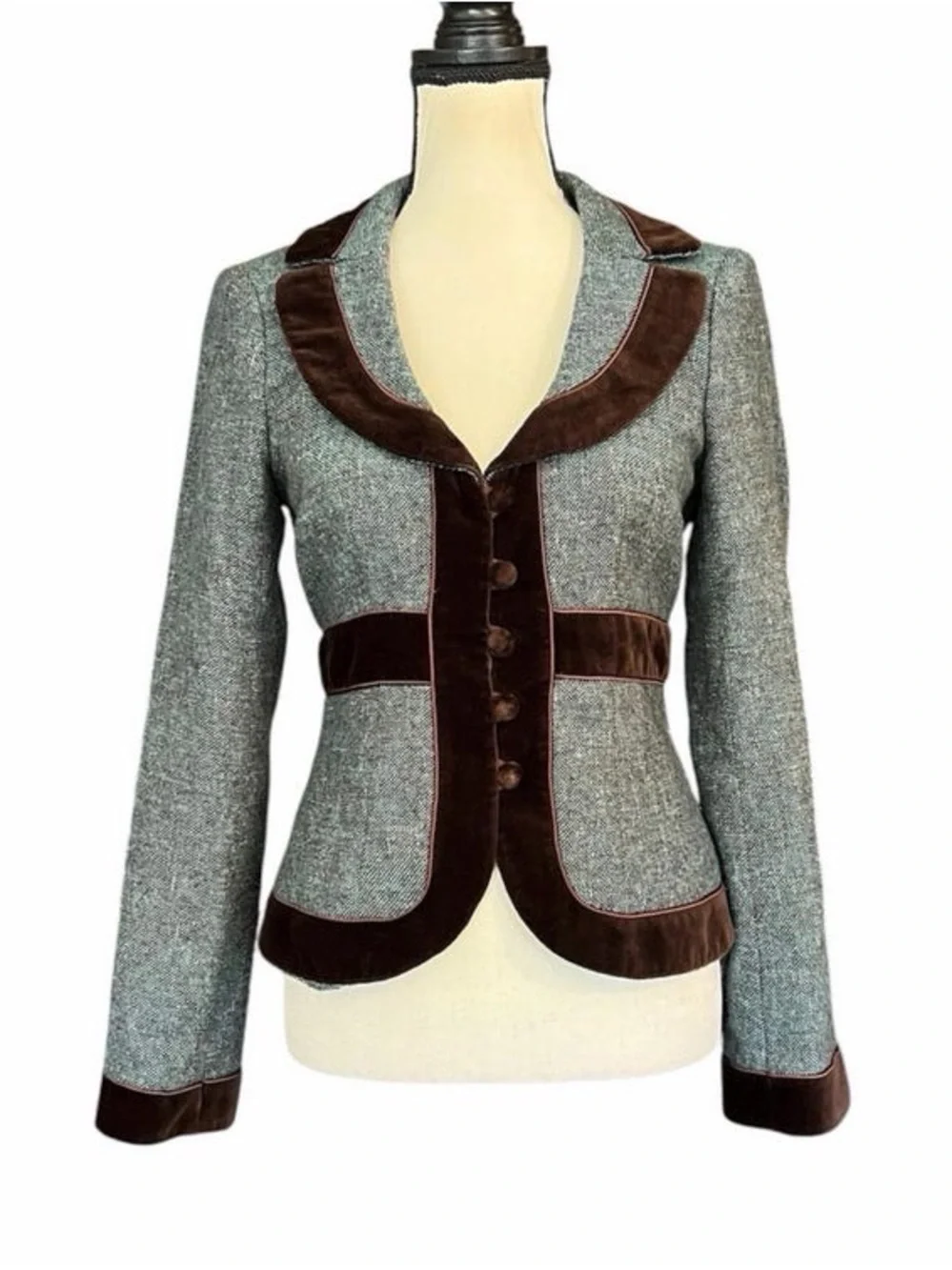 Vintage Y2K aso Rory Gilmore girls Nanette lepore Tweed Jacket with velvet trim